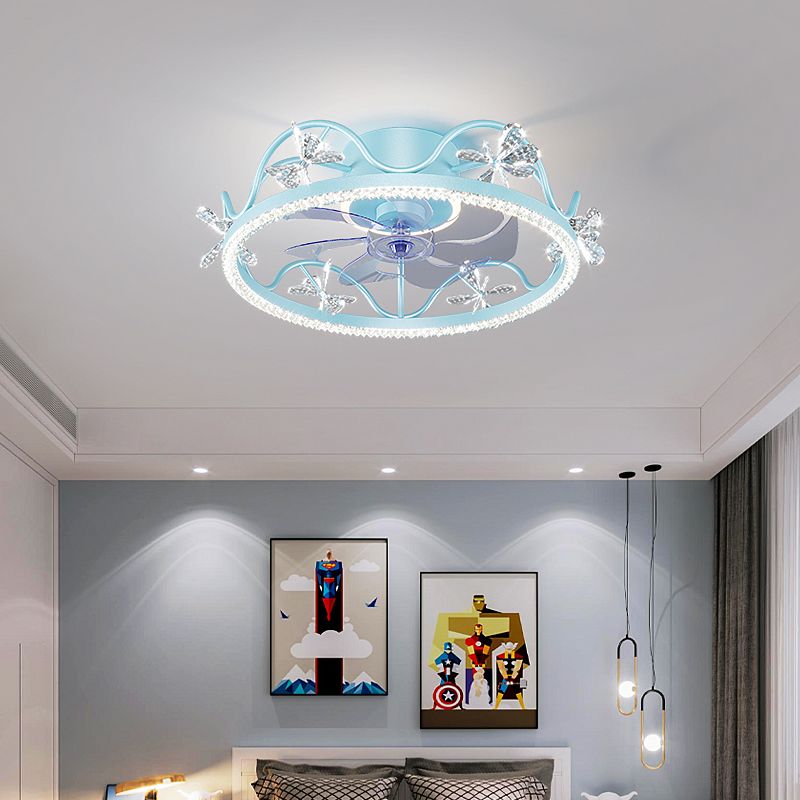 Crown Shaped Kids Bedroom Fan Lighting Metal Macaron LED Semi Flush Ceiling Light with Crystal Decor