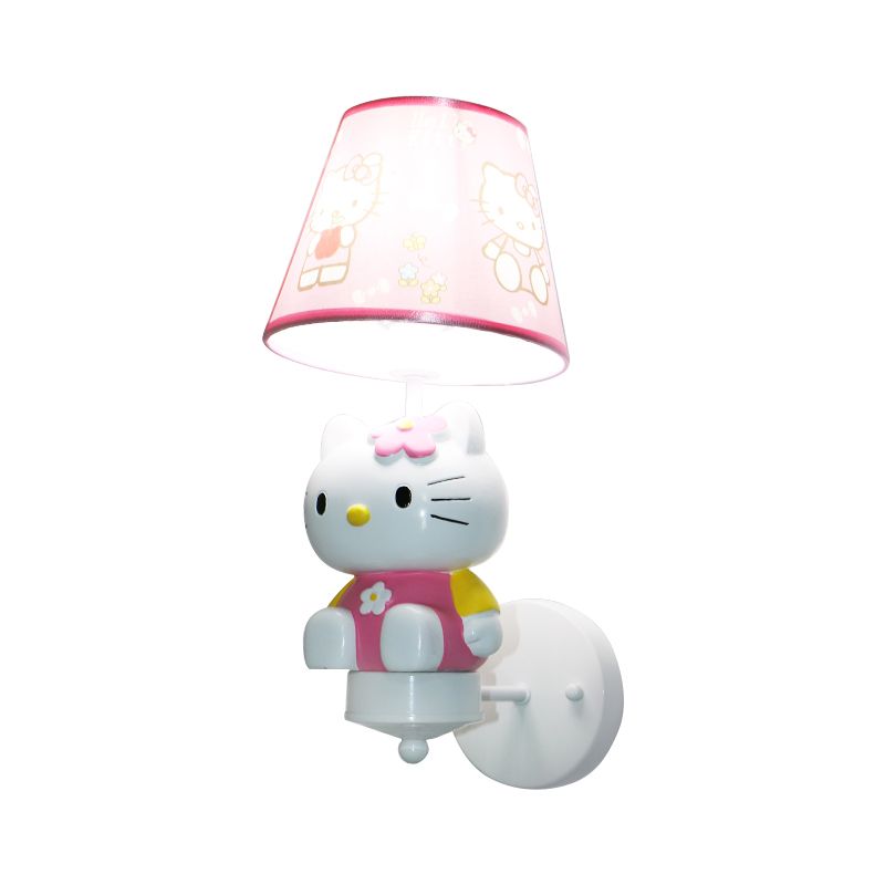 Cute Kitty Girl's Room Wall Lighting Resin Single Cartoon Sconce Fixture in Pink with Tapered Fabric Shade
