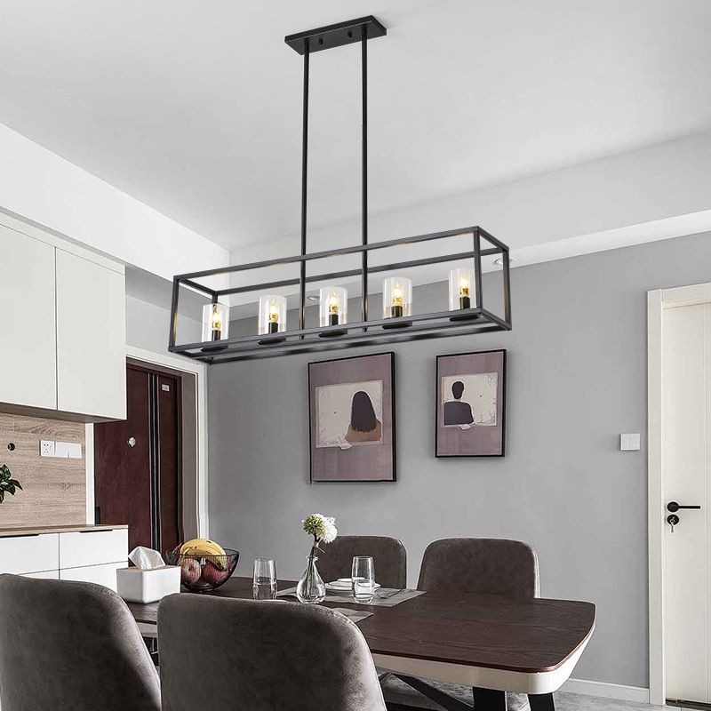 Glass 5 Lights Island Pendant Chandelier Rectangle Industrial Island Light Fixtures for Dining Room