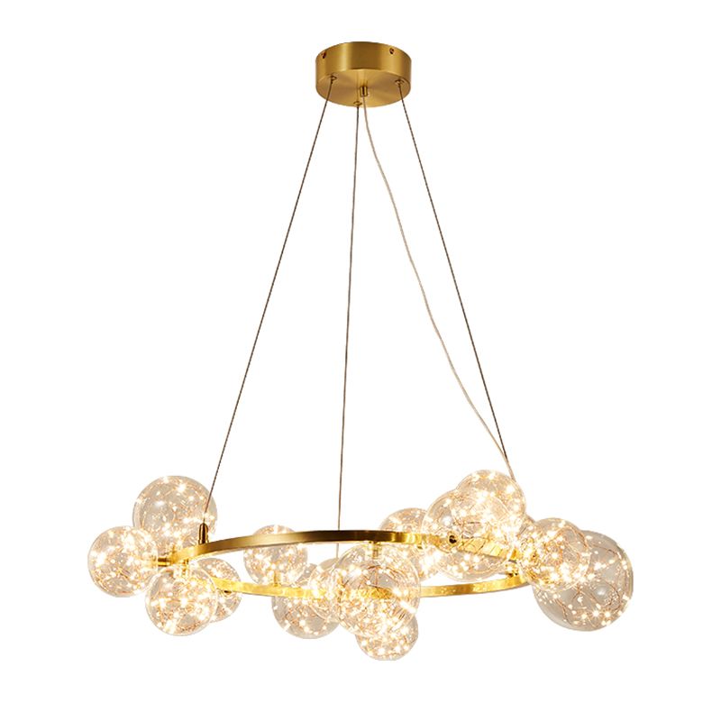 Wohnzimmer LED LED Kronleuchter Lampe Minimale Goldheizenbeleuchtung mit Orb Clear Glass Shade
