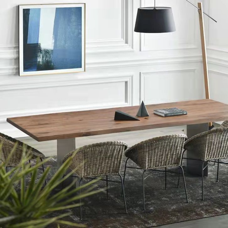 Mesa de comedor rectangular de color madera, mesa de madera maciza de pino, lujo con pedestal doble