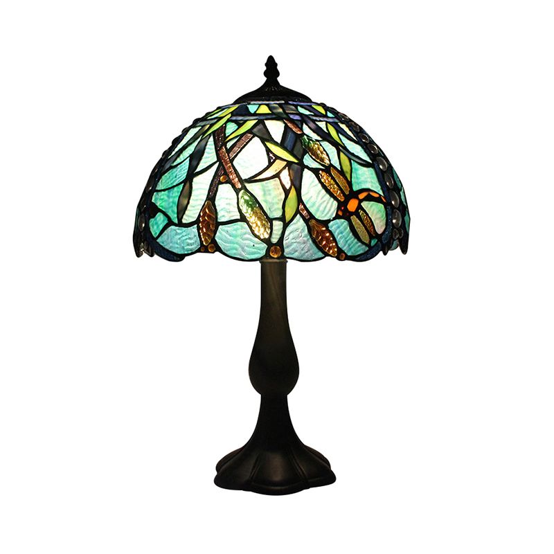 Restaurant Plug In Desk Light Stained Glass 1 Head Tiffany Rustic Reading Light with Peacock Tail/Dragonfly Design in Green