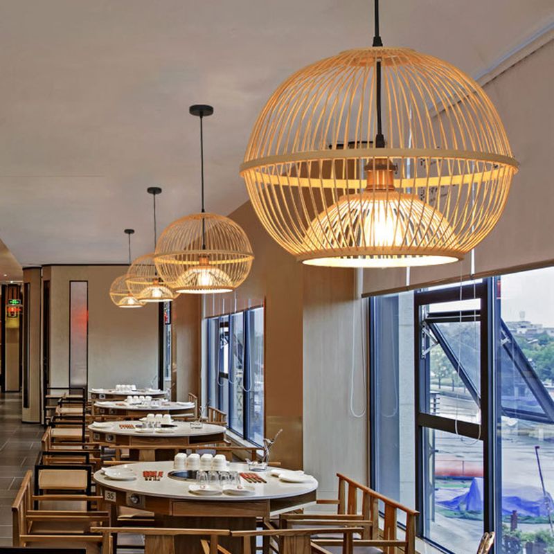 Bamboo Sphere Shaded Suspension Lighting Minimalist 1 Head Wood Pendant Ceiling Light