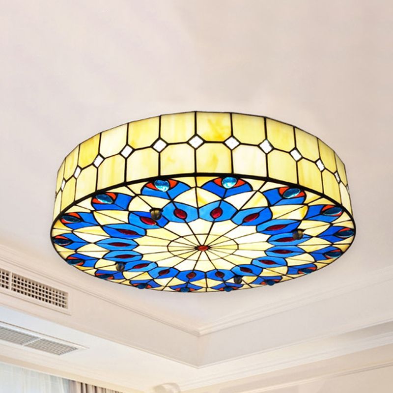 16"/18" W Round Shade Flushmount Tiffany Blue Flush Ceiling Light with Peacock Design for Restaurant