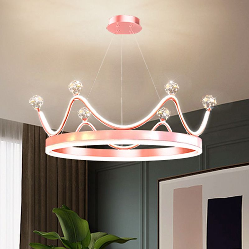 Metallic Crown Hanging Pendant Nordic Style LED Chandelier Lighting with Clear Crystal Bead Decor in Pink/Gold