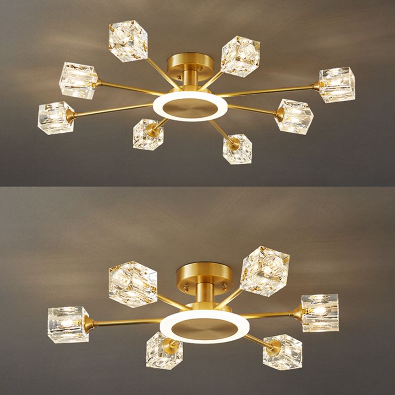 Square Crystal Shade Semi Flush Mount in Modern Luxury Style Sputnik Metal Ceiling Light for Living Room