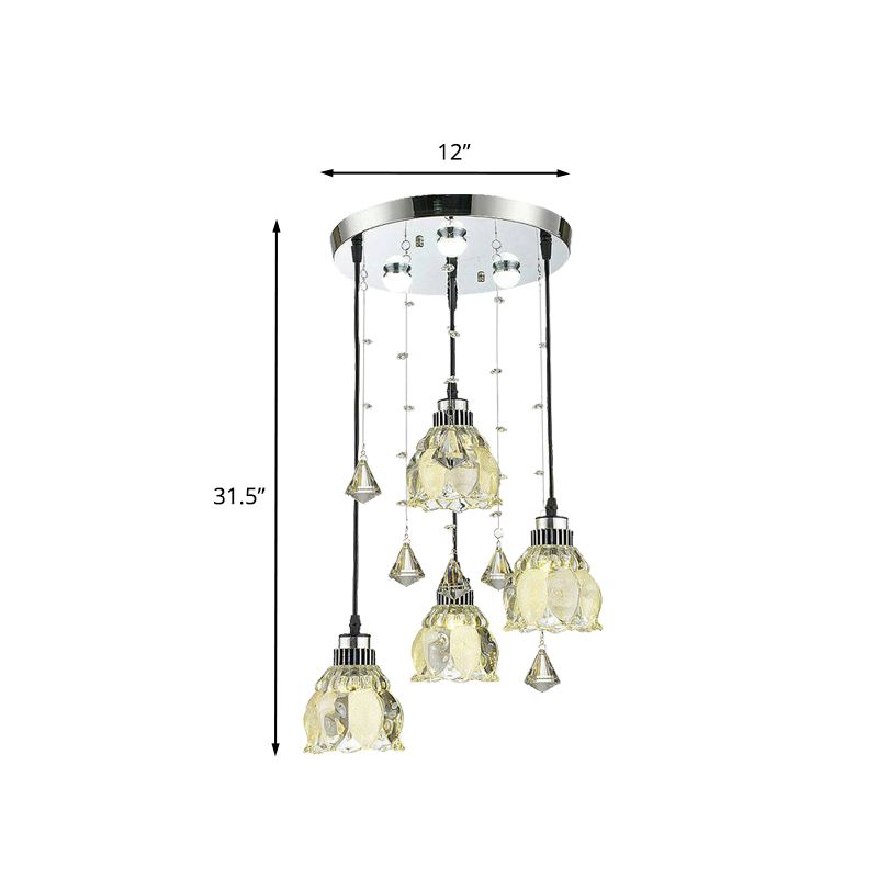 Crystal Lotus Shade Multi Pendant Lamp Fixture Contemporain 4 Bulb Chrome Hanging Light Kit