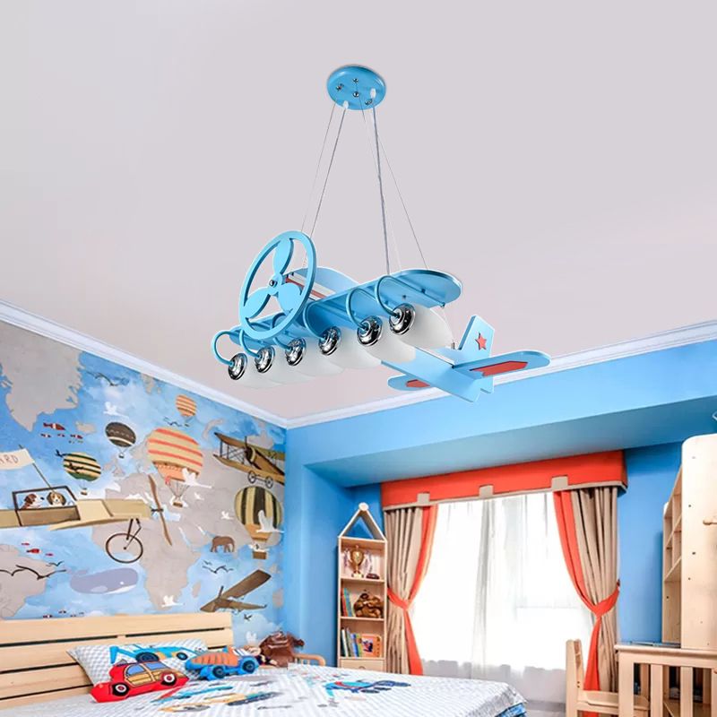 Modern Cool Propeller Airplane Chandelier 6 Lights Wood Suspension Light in Blue for Boys Bedroom
