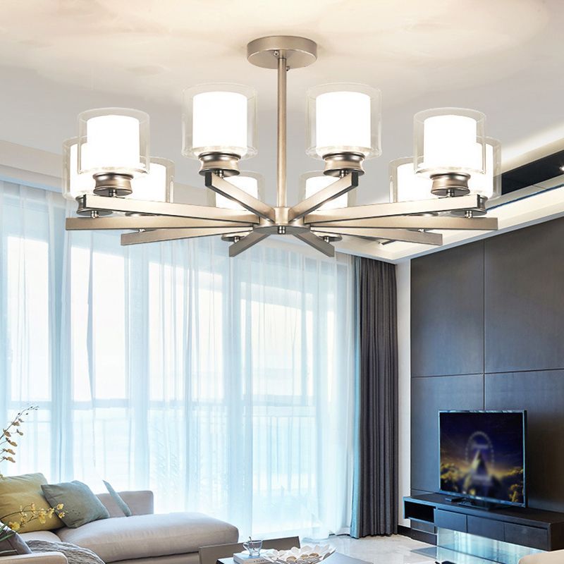 Double-layer Glass Shade Chandelier Lighting Fixture Traditional Style Cylindrical Pendant Hanging Light in Champagne Silver