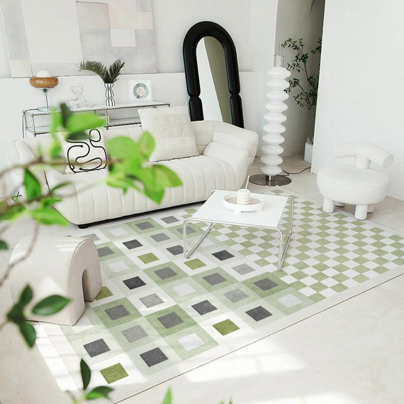Green Nordic Rug Polyester Grid Pattern Rug Stain Resistant Rug for Home Decoration