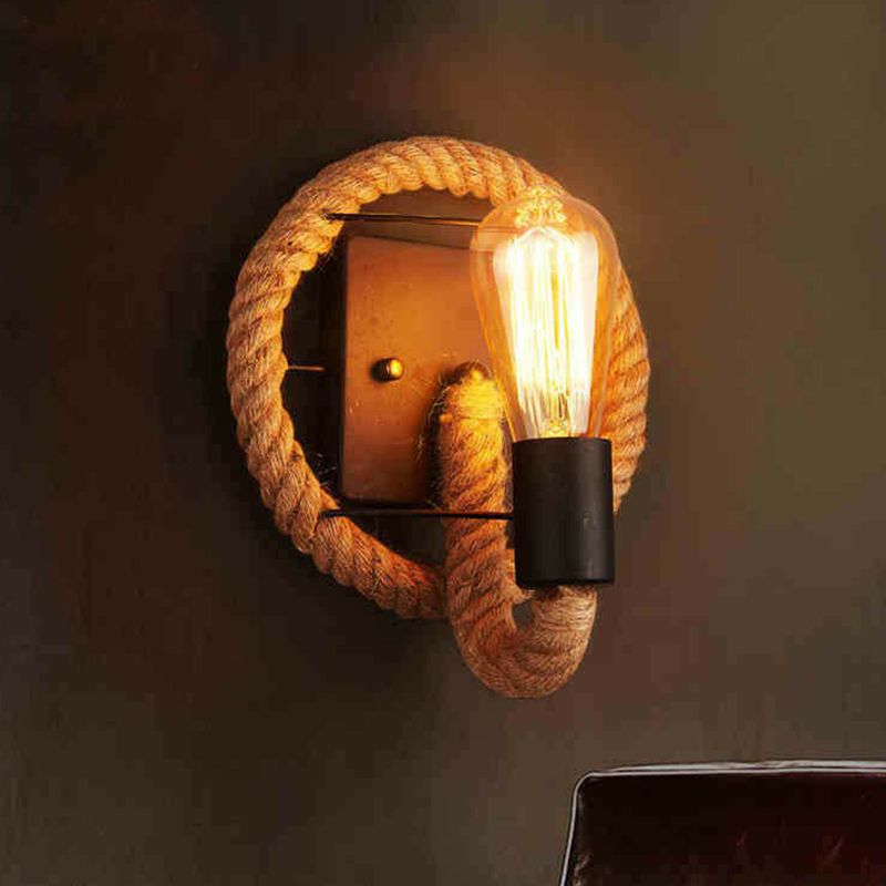 Black Open Bulb Wall Lamp Industrial Iron Single-Bulb Corridor Wall Mounted Light with Hemp Rope