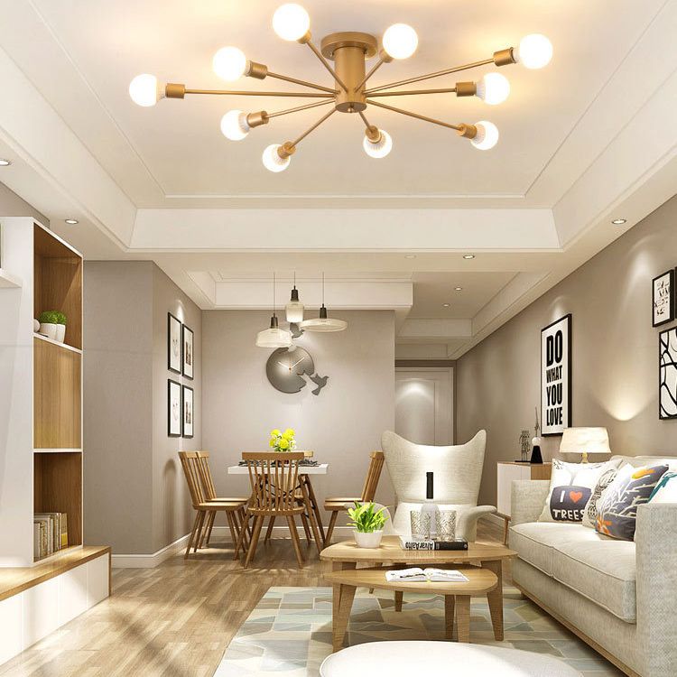 Industrial Vintage Sputnik Ceiling Light Wrought Iron Bare Bulb Semi Flush Mount for Living Room