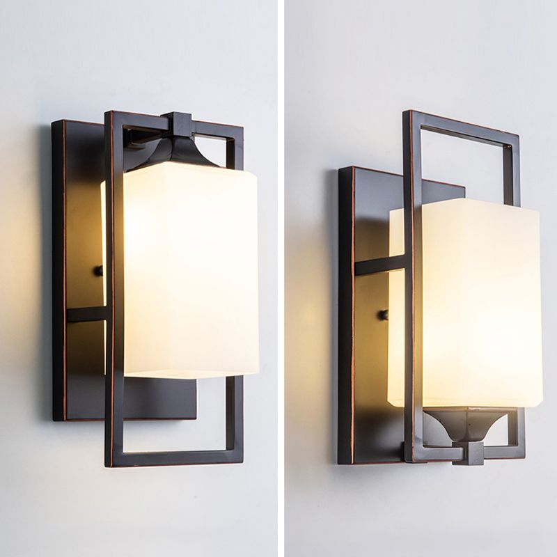 Retro Metal Wall Light Black 1 Light Wall Sconce with White Glass for Living Room
