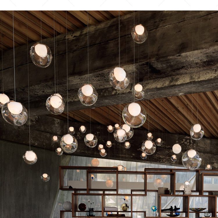 Minimalist Bubbles Multi Pendant Light Fixture Frosted White-Clear Glass Spiral Stairs Suspension Light