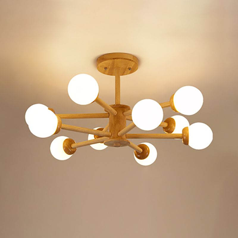 Multi Light Wood Chandelier Modern Globe Chandelier Lamp with White Glass for Living Room