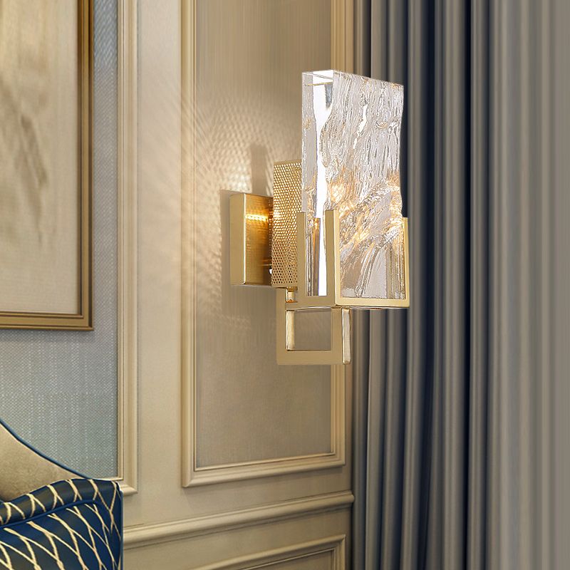 Brass Armed Wall Lighting Traditionary Metal 1 Bulb Sconce Light Fixture with Rectangle Crystal