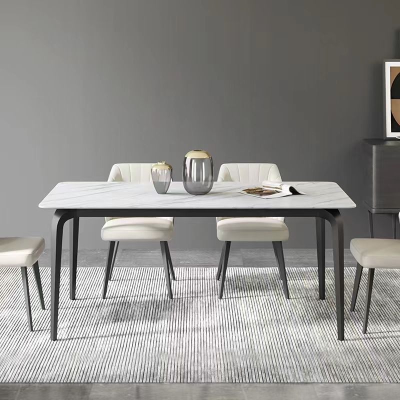 Industrial Rectangle Dining Table White Stone Top Table with Black Metal Legs