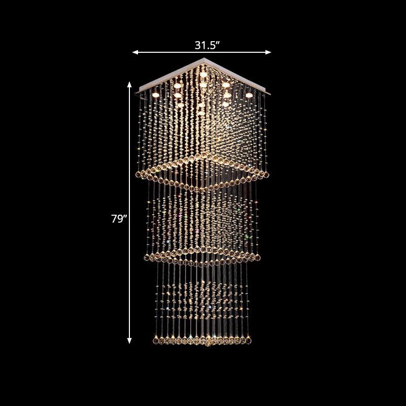 Crystal Square Hanging Light Minimalist 13 Bulbs Stair LED Multi Lamp Pendant in Silver