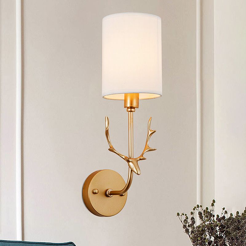 Cylinder Living Room Wall Lighting Countryside Fabric Shade 1 Head Black/Brass Sconce Lamp Fixture