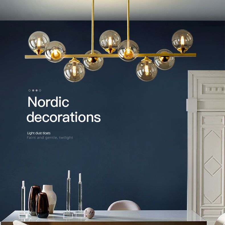 Gold Radial Island Pendant Light in Modern Luxury Style Copper Indoor Hanging Light with Amber Glass Shade