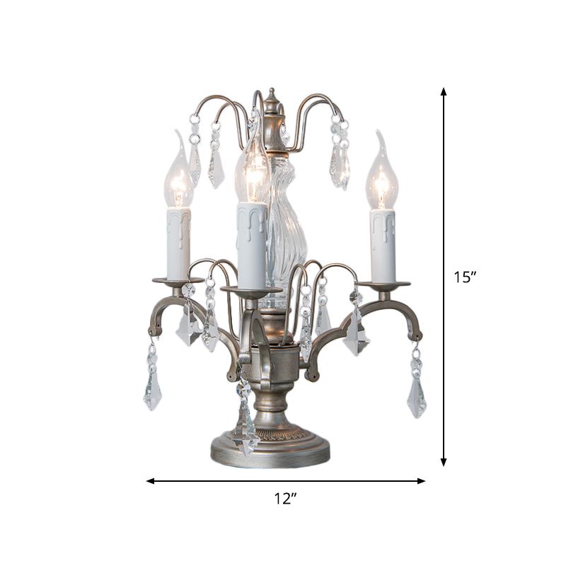 Lampada da comodino in stile rustico a 3 teste con candela notturna in metallo argento con gocciolina di cristallo
