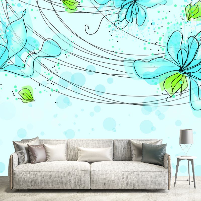 Whole Flower Wall Paper Mural Art Deco Lovely Bubbles Wall Covering in Blue and Green