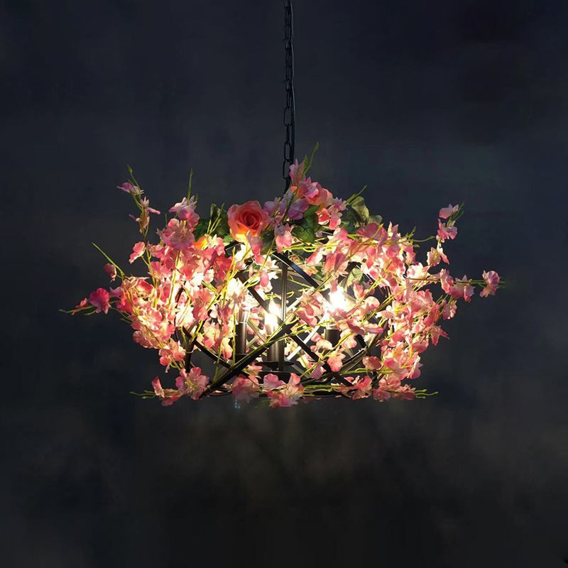 Metal Pink Flower Hanging Chandelier Candle 3 Bulbs Industrial Ceiling Light for Restaurant