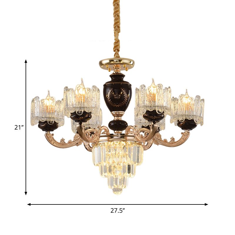Black and Gold Drum Suspension Lighting Traditional Crystal 6 Heads Dinning Room Chandelier
