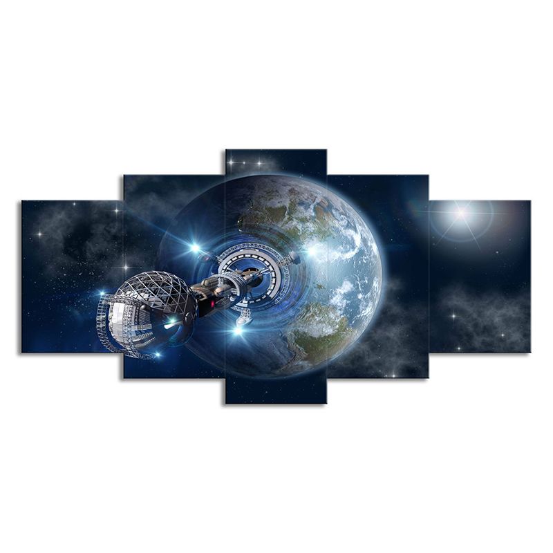 Fictional Earth Space Station Art Print Canvas Multi-Piece Dark Blue Wall Decor for Room