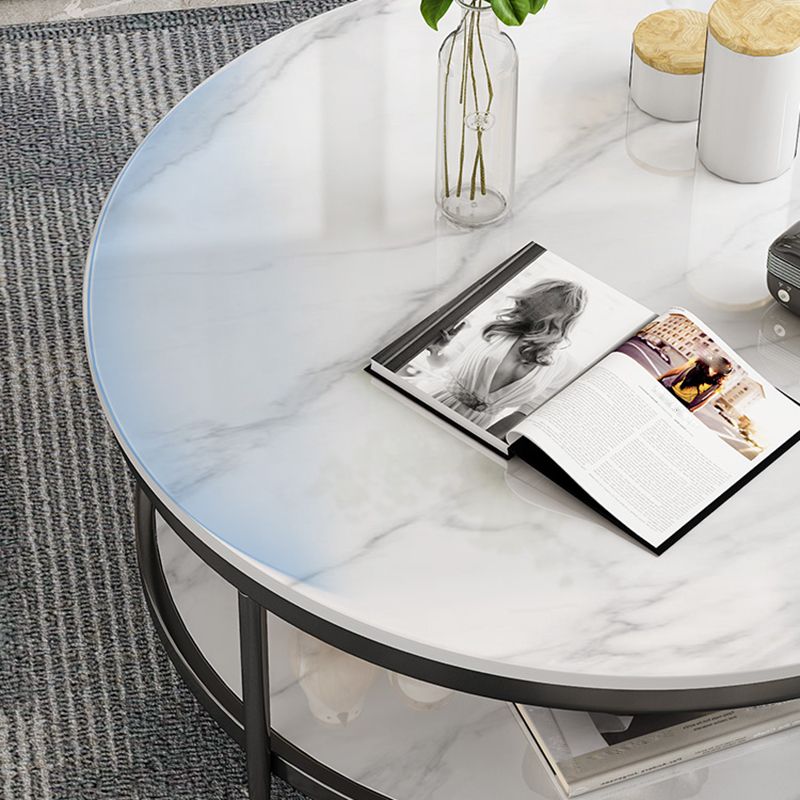 17.7" H Glam Round Slate Coffee Table Metal 4 Legs Cocktail Table with Shelf