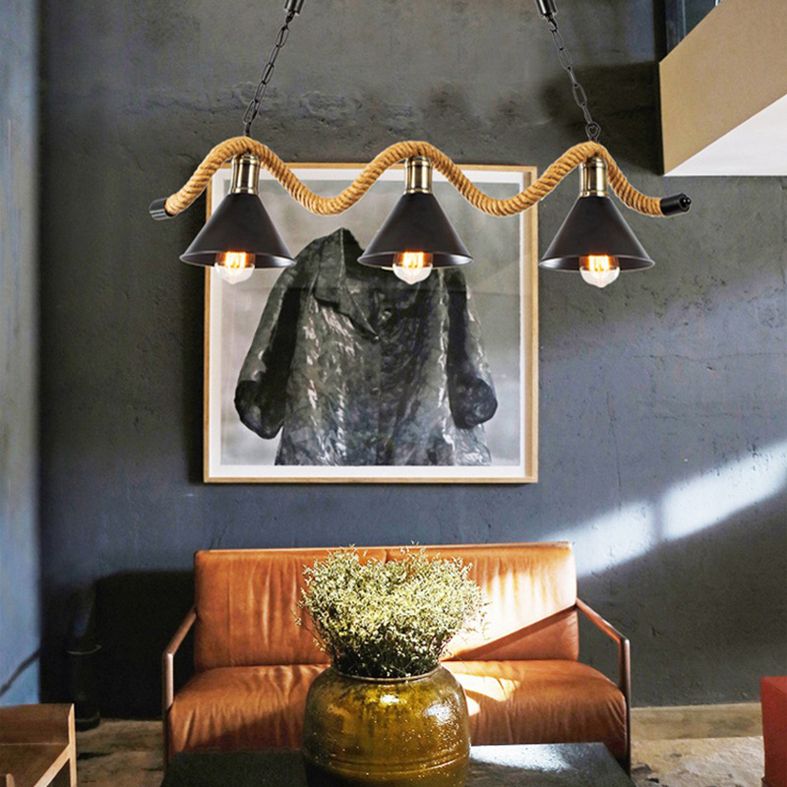 Hemp Rope Island Ceiling Light Vintage Style Restaurant Island Chandelier Light with Cone Metal Shade