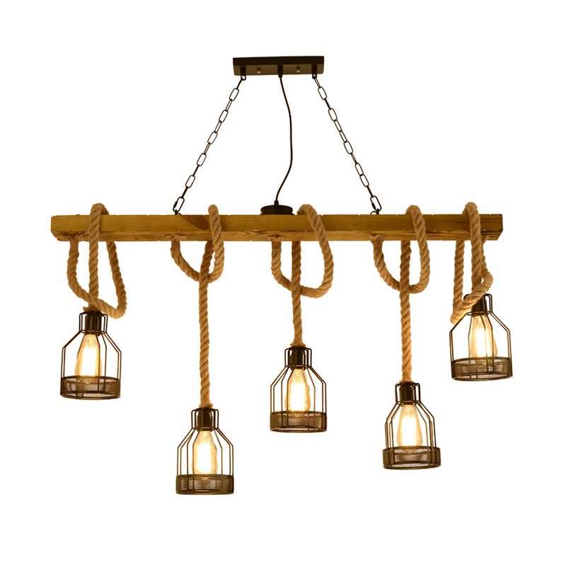 Wood Dangling Island Light Fixture Rustic 5 Heads Restaurant Ceiling Pendant Light with Cage