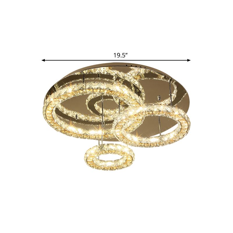 3-Ring LED Semi Flush Mount Contemporary Stainless-Steel Clear Cut Crystal Blocks Ceiling Light Fixture