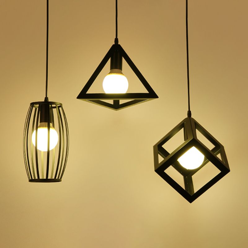Industrial Cage Pendant Lighting 1-Light Metal Drop Lamp in Black for Restaurant