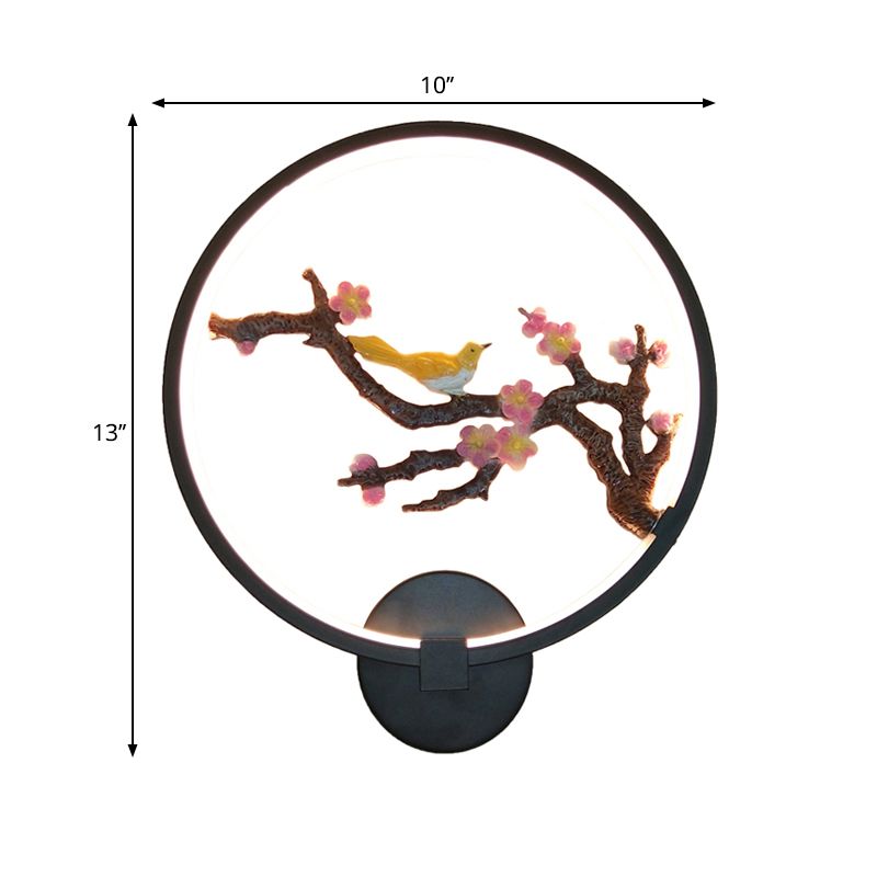 Rounded Plum Blossoms Wall Mural Light Oriental Style Metallic LED Black Wall Mounted Lighting