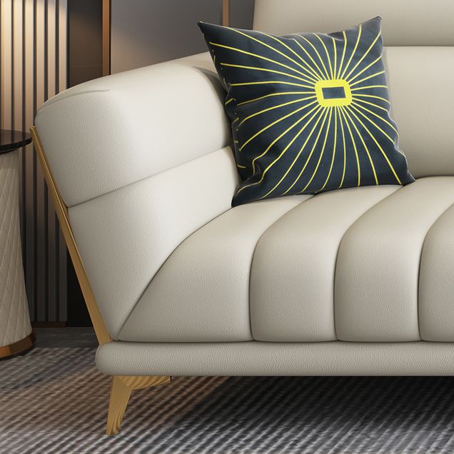 Solid Wood Glam Genuine Leather Flared Arm Sofa with Pillows