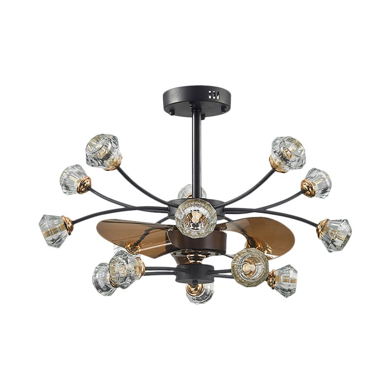 Black 14 Bulbes Semi Flush Light Traditional Crystal Diamond Shade Scrolls 3 Blades Pendant Fan Lampe, 31,5 "Largeur