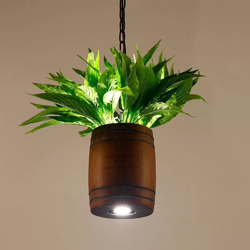Bucket Wood Pendant Light Fixture Industrial 1 Head Dining Room Ceiling Lamp in Coffee with Plant Deco
