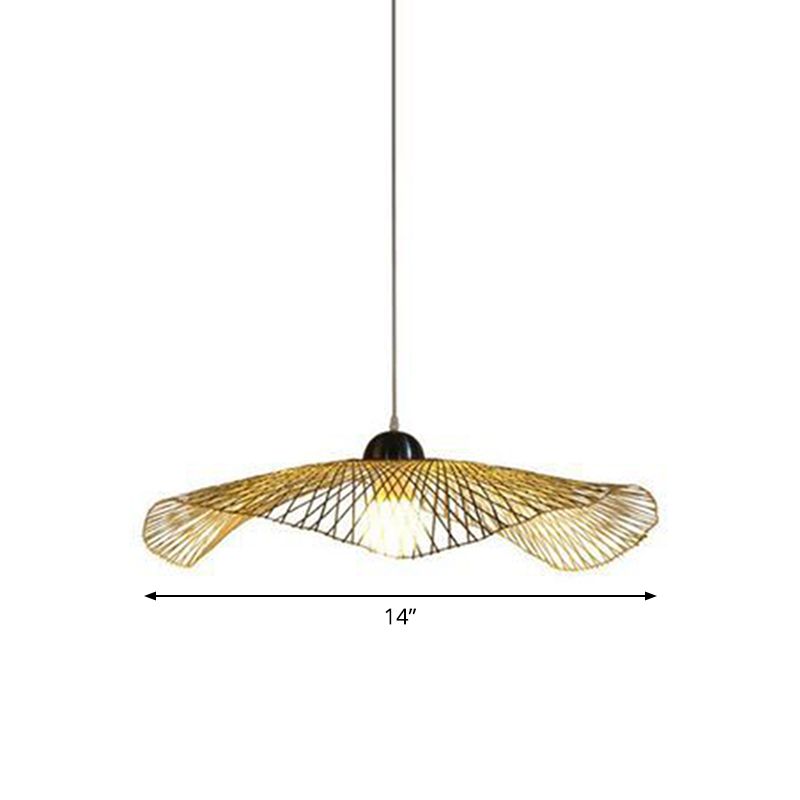 Asian Lotus Leaf Shape Pendant Lighting Bamboo 1 Bulb 14"/25.5"/41" Wide Restaurant Hanging Light Fixture in Beige