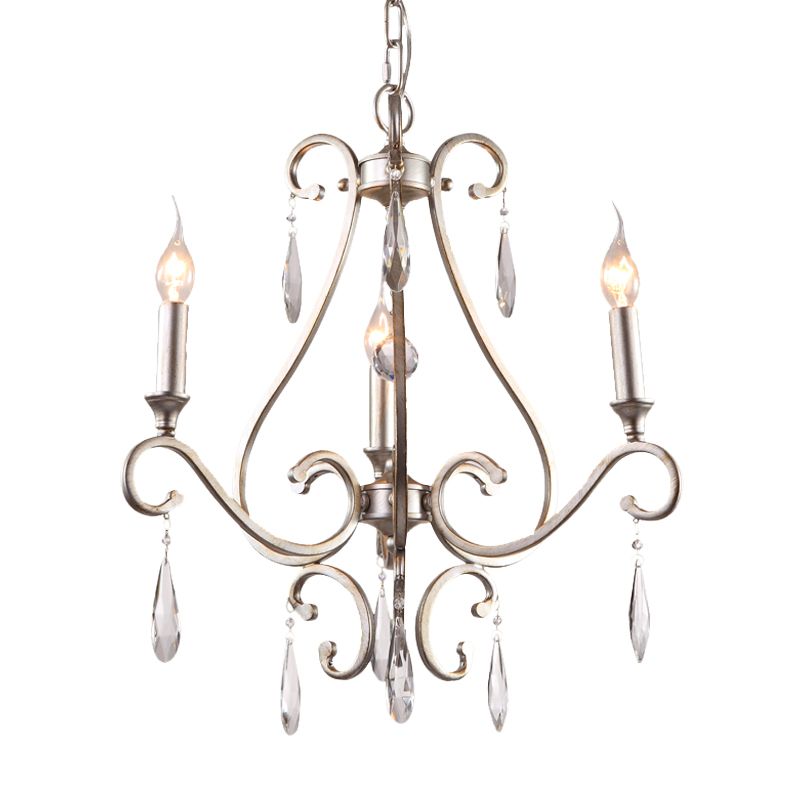 Crystal Teardrop Suspension Light Farmhouse 3 Heads Bedroom Candle Pendant Chandelier in Gold with Scroll Arm