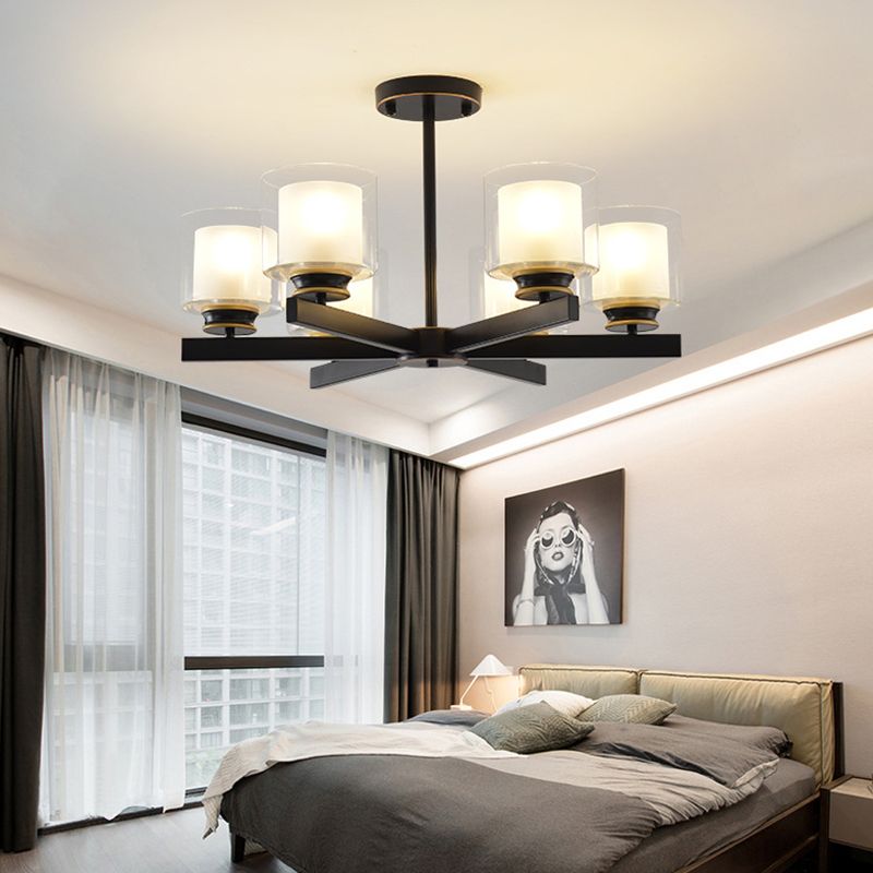 Nordic Style Metal Lighting Chandelier Cylindrical Double-layer Glass Shade Suspension Light for Dining Room