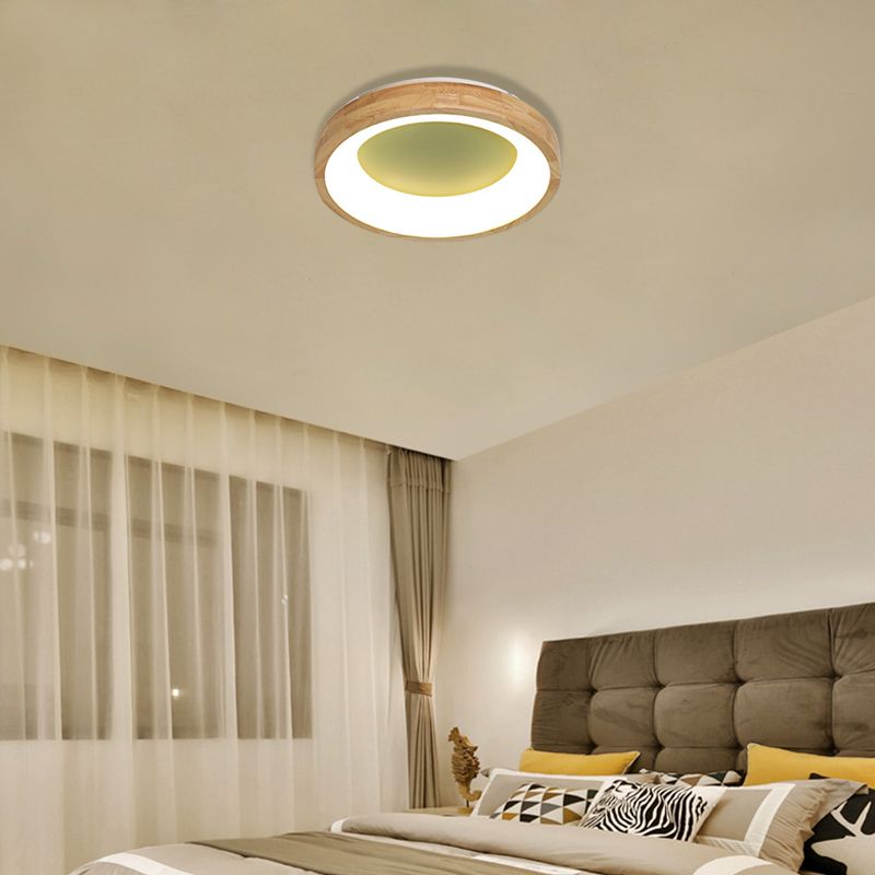 Wood Circular Thin Flushmount Lighting Nordic Style Green/Blue LED Ceiling Mounted Light, 12"/16"/19.5" Width