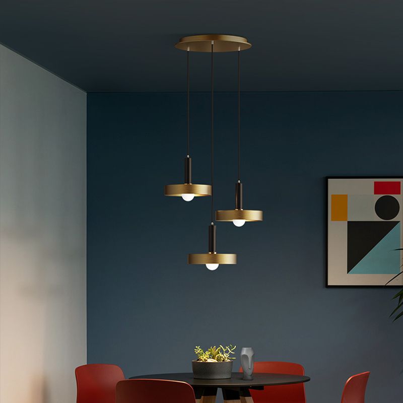 Metallic Lid Shaped Suspension Light Post-Modern Gold Pendant Light Fixture for Dining Room