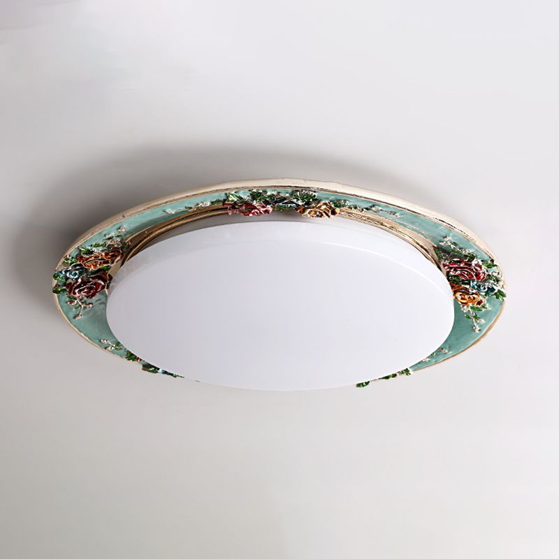 Handcrafted Rose Round Resin Flush Mount Retro Bedroom LED Close to Ceiling Light in Beige/Green/Silver Grey