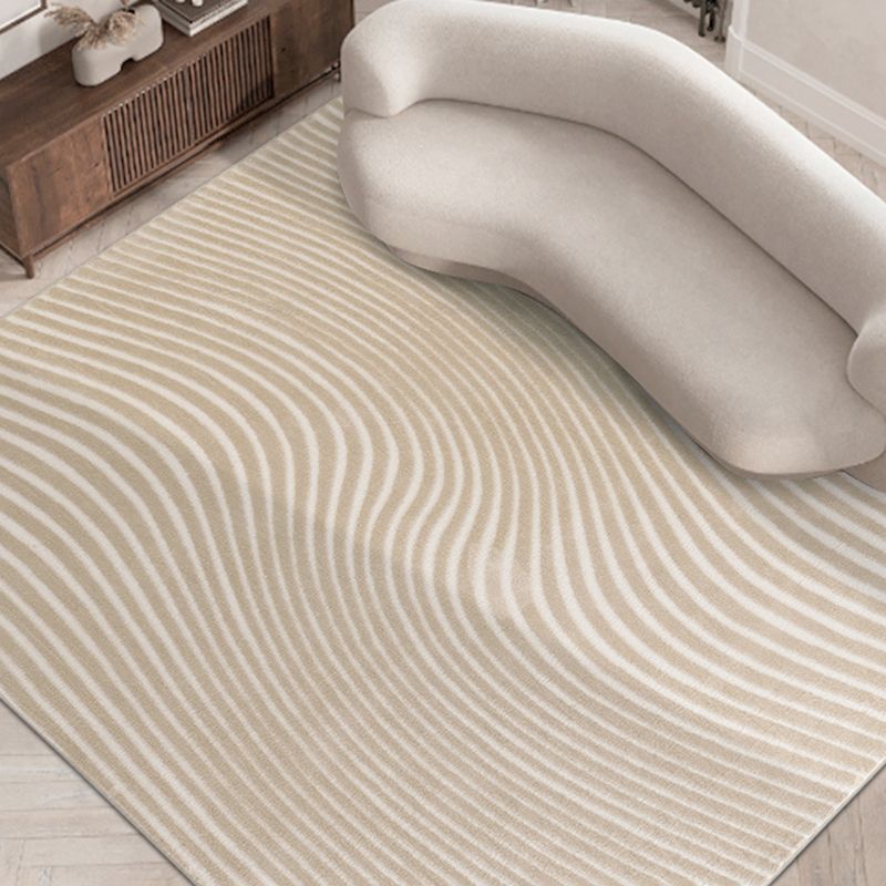 Beige Stripe Pattern Area Carpet Modern Polyester Area Rug Anti-Slip Washable Rug for Bedroom