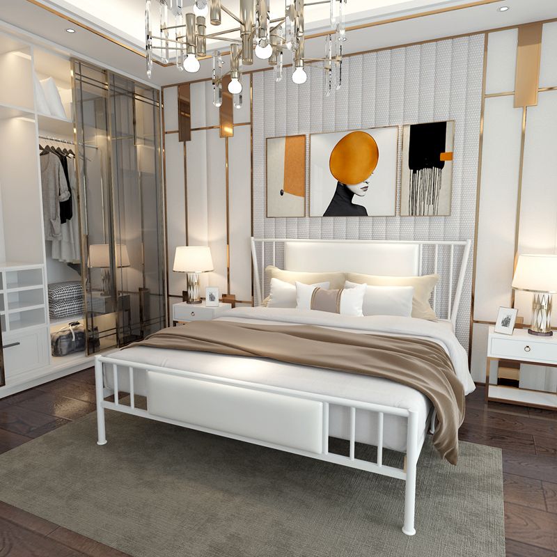 White Upholstered Bed with Headboard Low Profile Bed with Metal Legs