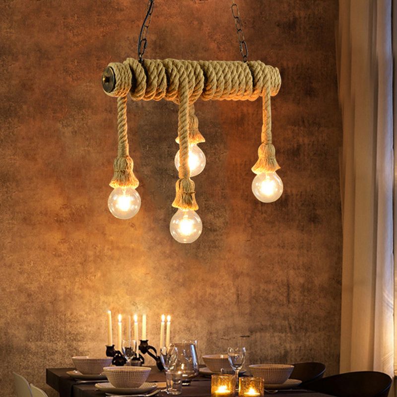 Open Bulb Dining Room Island Lamp Rope 4 Lights Industrial Style Hanging Island Light in Beige