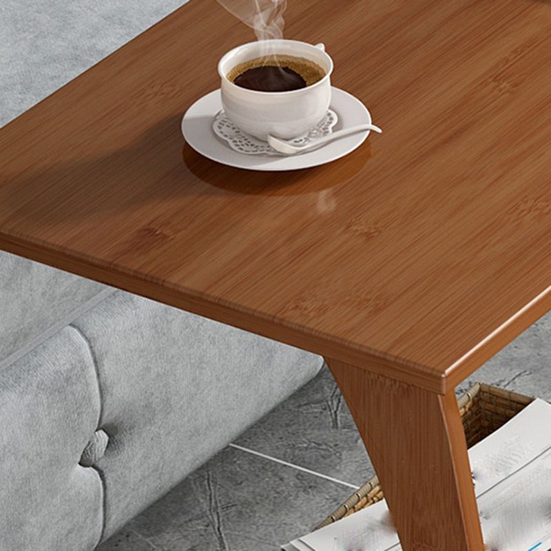 Bamboo Sofa Side Accent Table in Brown Modern 1 - Shelf End Table with Casters