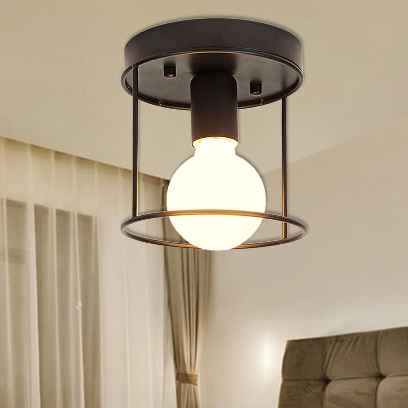 Cilinder Gang Inbouwlamp Industrieel Metaal One Light Zwart/Wit Plafondverlichting met Kooi