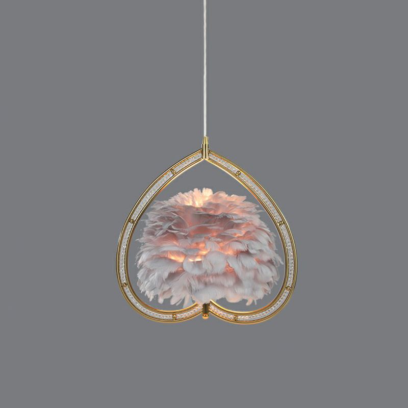Metallic Heart Suspension Lighting Hedendaags single gouden hanger plafondlicht met decoratieve veer